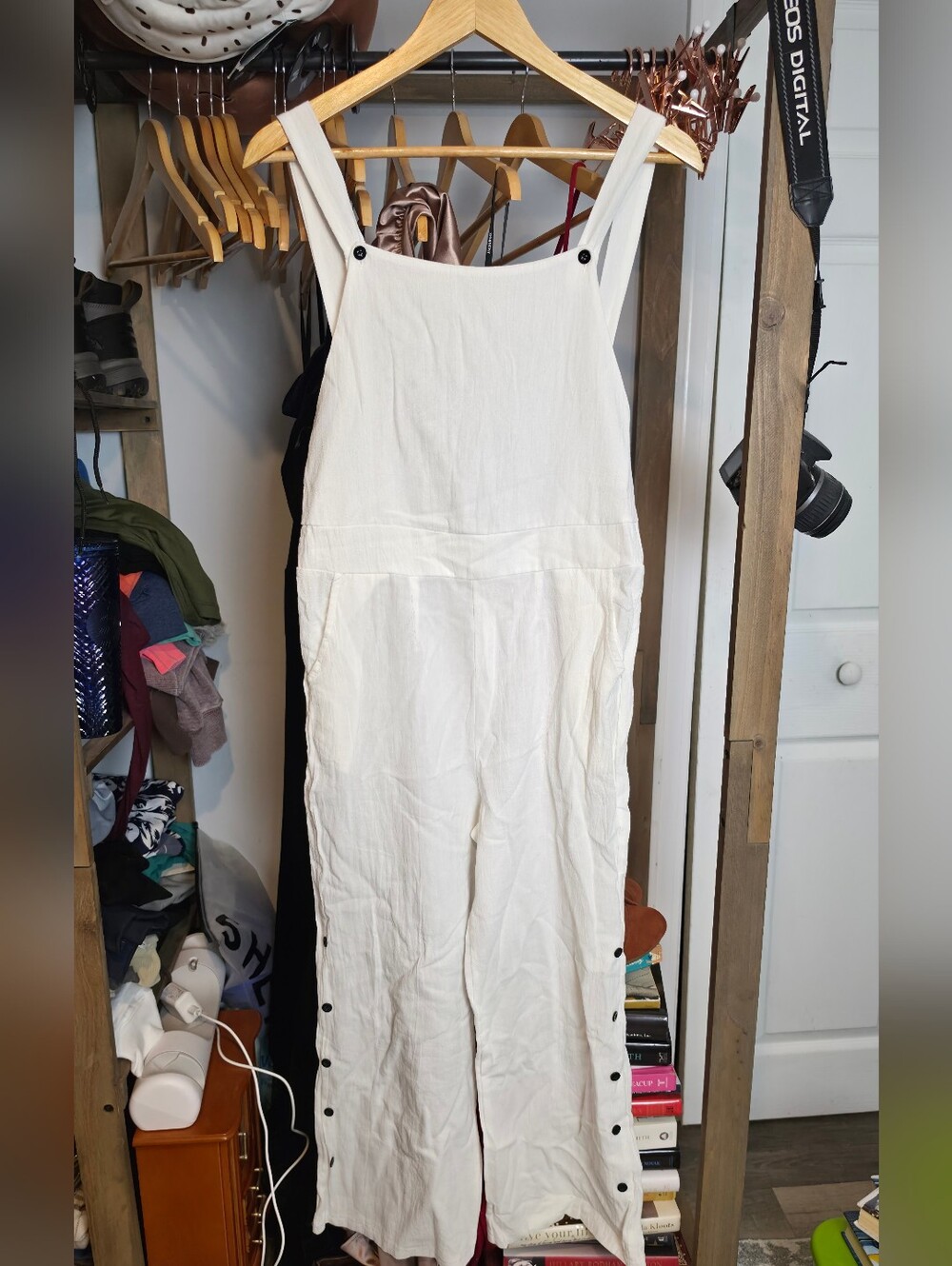 White Button-Side Linen Overalls